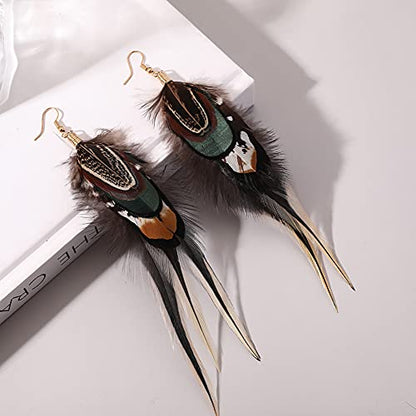 Bohemian Long Feather Earrings for Women Handmade Natural Dangle Tassel Jewelry - color: Style D
