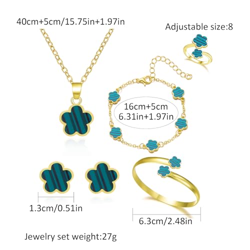 Clover Jewelry Set for Women Non Tarnish Gold-Tone Five Leaf Clover Necklace, Earrings, Ring, Bracelet Fashion Simple Floral Jewelry Set - color: Green