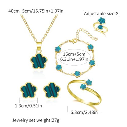 Clover Jewelry Set for Women Non Tarnish Gold-Tone Five Leaf Clover Necklace, Earrings, Ring, Bracelet Fashion Simple Floral Jewelry Set - color: Green