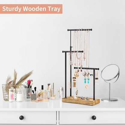 SRIWATANA Carbonized Black Jewelry Organizer Stand, Tall Necklace Holder | 3-Tier 360° Rotating Tall Jewelry Tree with Adjustable Height for Necklaces, Earrings, Bracelets, and Ring Tray - color: carbonized black and black