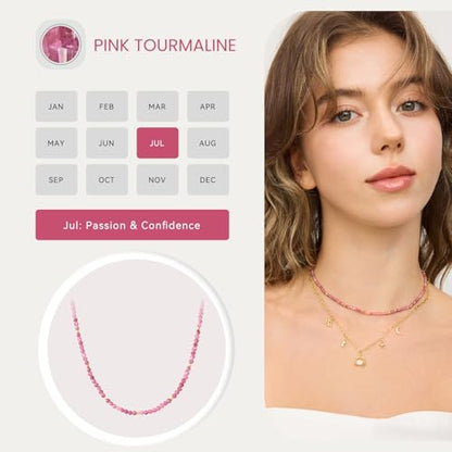 ARSIS Genuine Beaded Gemstone Necklace for Women, Colorful Natural Stone Handmade Bead Choker, Personalized Birthstone Necklace, Boho Summer Beach Necklace Layering Stackable Jewelry Gift - color: Pink Tourmaline (July)