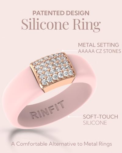 Rinfit Silicone Ring with Metal Plate & CZ for Women | AAAAA Grade Cubic Zirconia Stones, Flexible Rubber Wedding Band, Comfortable Fit, Engagement Ring for Her, Patented Design - color: Pack F: Pink and Rose Gold