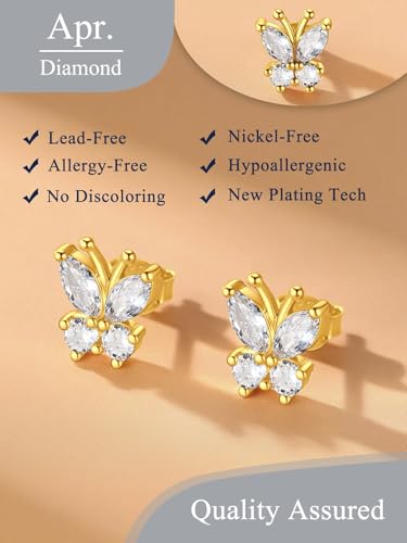 Suplight Butterfly Stud Earrings 925 Sterling Silver 14K Gold Brithstone Earrings for Women Brithstone Jewelry Gifts - color: 04.April ( Clear Quartz), size: Gold