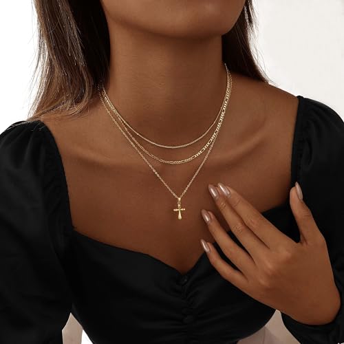 Layered Gold Cross Necklaces for Women, Stack Stackable 14K Gold/Silver Plated Cubic Zirconia Pendant Necklace Set Dainty Choker Layering Necklaces for Women Faith Jewelry Religious Gift - style: Gold-3