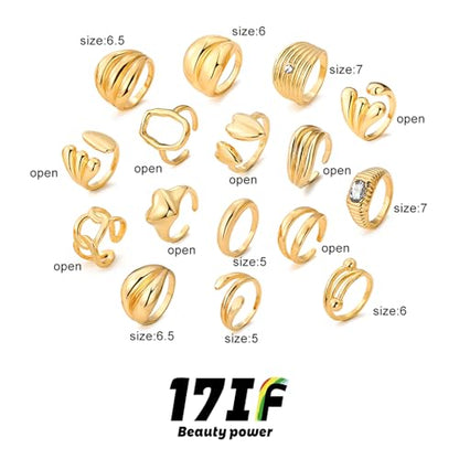 17IF 16 Pcs Chunky Gold Rings Set for Women, 14K Gold Plated | Classic Thick Adjustable Rings, Stackable Midi Finger Womens Stack Ring Pack for Jewelry Gifts - style: Golden-B