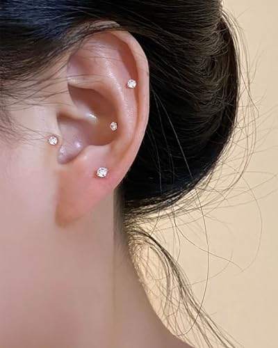 2PCS 20G/18G/16G Titanium Flat Back Nose Studs Internally Thread Cartilage Earring Studs Clear CZ Helix Tragus Earrings for Women Medusa Labret Stud Conch Piercing Jewelry Hypoallergenic - size: 1.0*6mm