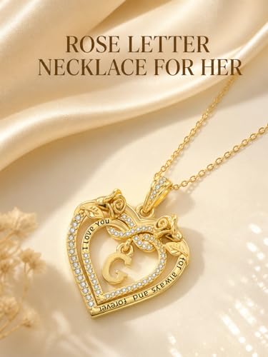14K Gold Initial Letter Rose Heart Pendant Necklace for Women, Anniversary Birthday Jewelry Gifts for Wife Mom Grandma Sister Daughter, I Love You for Always And Forever - style: 14K Gold-G
