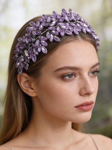 Missgrace Women Silver Green Black Red Blue Handmade Full Crystal Rhinestone Large Headband Hair Vine Shinny Headpiece Bridal Wedding Hair Accessories for Women (Light purple) - color: Light purple