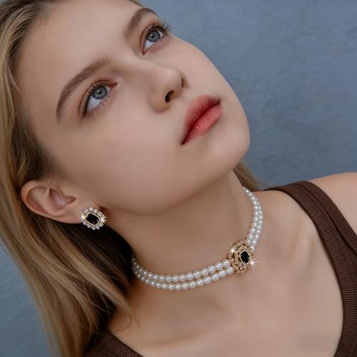 Classic Double Strand Faux Pearl Choker Necklace and Earrings Set with Crystal Accent, Elegant Jewelry for Special Occasions and Everyday Wear - color: black