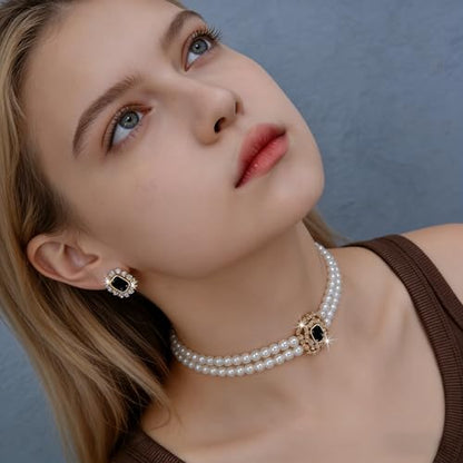 Classic Double Strand Faux Pearl Choker Necklace and Earrings Set with Crystal Accent, Elegant Jewelry for Special Occasions and Everyday Wear - color: black