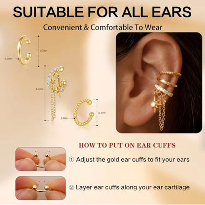 14K Gold Plated Layered Chunky Ear Cuff for Women Thick Ear Clips | Ear Cuff Earrings for Women,Hammered Texture design，Lightweight Hypoallergenic Ear Clips，trendy Jewelry for Daily Party Prom - color: gold 3