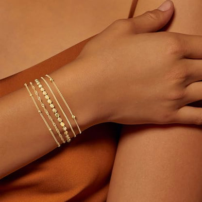 Gold Bracelet for Women, Waterproof Jewelry,5PCS | 14K Gold Plated Bracelets Stacks Non-Tarnish, Lightweight & Comfy, Trendy Adjustable Dainty Links, Women’s Jewelry Gift - color: 5 pcs-Big Satellite+Box+Flat Bead+Twist+Small Satellite