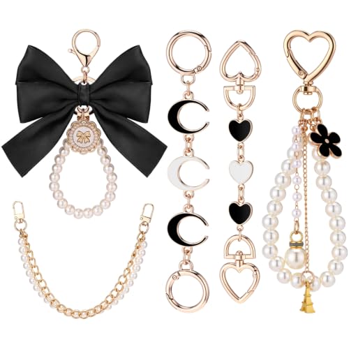 Sureio 5 Pcs Bag Extender Chain Pearl Purse Chain Ribbon Bow Keychain Extender Bag Strap Purse Charms Accessories for Handbag - color: Black and White