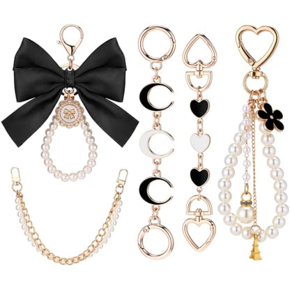 Sureio 5 Pcs Bag Extender Chain Pearl Purse Chain Ribbon Bow Keychain Extender Bag Strap Purse Charms Accessories for Handbag - color: Black and White
