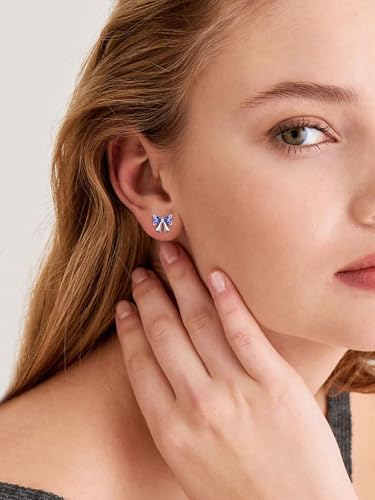 ChicSilver 925 Sterling Silver Bow/Butterfly Earrings for Women Hypoallergenic Birthstone Earrings Dainty Bow/Butterfly Jewelry Gift for Women - color: Bow-February-Amethyst