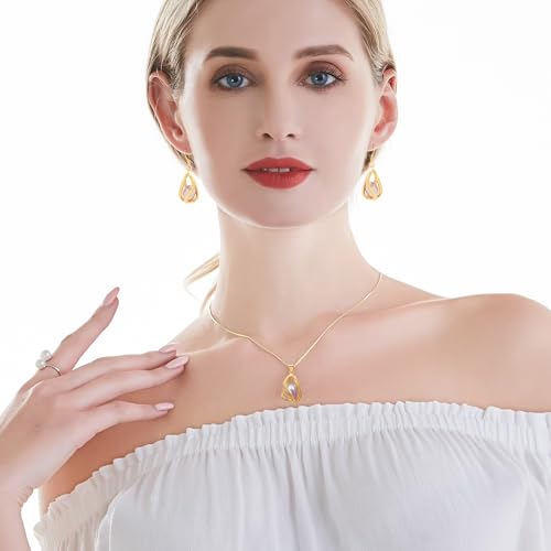 Pearl Jewelry Set For Women S925 Sterling Silver/14K Gold Plated Necklace & Earrings Set Freshwater Pearl Pendant Cage Set for Wedding Anniversary Prom Birthday Gift - color: Golden-Purple