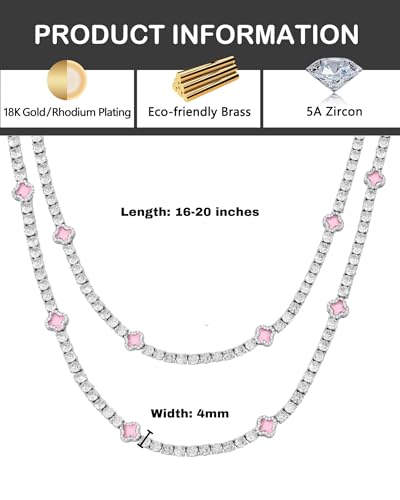 LuxeFlex 4mm Iced Out Four Leaf Tennis Chain,White Gold Plated with 5A Zircon Stones, exquisite Handmade Hip Hop Bling Necklace Perfect Unisex Jewelry Gift - color: White Gold-Pink, size: 18 INCH