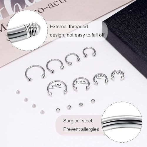 8Pcs 14G 16G 18G 20G Horseshoe Septum Nose Ring Helix Cartilage Earrings Hoops Hypoallergenic Tragus Daith Eyebrow Lip Ring Smily Piercing Jewelry Replacement Ball Spikes 7-12MM - color: Silver, size: 18G