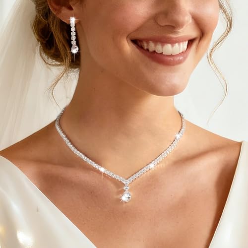 Women's Fashion Jewelry Rhinestone Zircon Necklace and Earring Set Formal Ball Gown Accessories Silver Floral Pendant Bridal Wedding Jewelry Suitable for Weddings, Balls, Banquets, and All Special Occasions - style: GST005