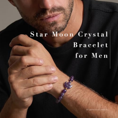 TUMBEELLUWA Half Moon Star Crystal Bracelet for Women Men | 8mm Beads Healing Crystal Bracelets, Elastic Stretch Design, Dainty Boho Celestial Jewelry, Daily Wear & Spiritual Gift