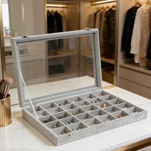 Wudygirl 30 Grid Jewelry Organizer Velvet Jewelry Box Jewelry Tray with Clear Lid Storage Case Showcase Display Stackable Removable (30 Grid) | 30 Grid Jewelry Organizer for Earrings, Perfect for Home Organization, Jewelry Display, Gift Giving, Dustproof