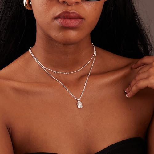 Layered Dainty Necklaces for Women Set, 14K Gold Silver Plated Choker Chain Simple Pendant Necklace Stackable, Trendy Prom Jewelry Gifts for Women - color: Diamond1-Silver