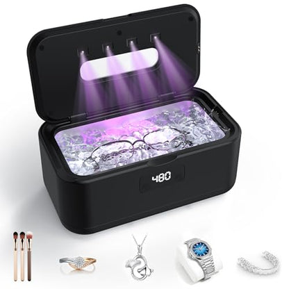 Ultrasonic Jewelry Cleaner, 50Khz Jewelry Cleaner Ultrasonic Machine for Jewelry, Eyeglasses, Rings, Watch Strap, Dentures, 24oz - 304 Stainless Steel Tank, Digital Timer, 5 Cleaning Modes - color: Black