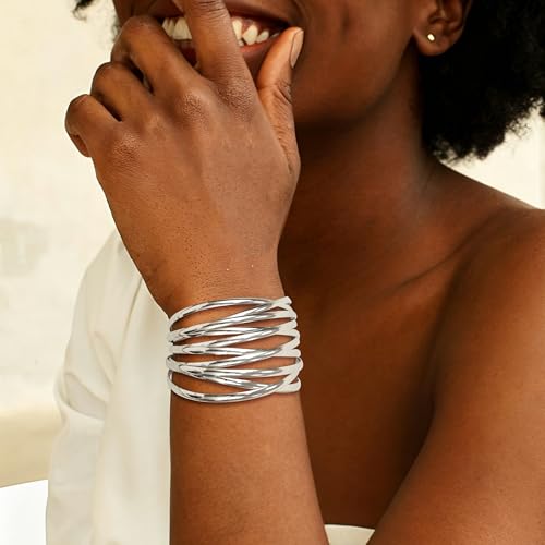 4Pcs Chunky Gold Cuff Bracelects for Women Gold Bangles Irregular Minimalist Statement Bangle Bracelets Set Open Wide Bangle Upper Arm Cuff Jewelry - color: Silver-B