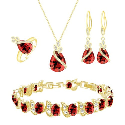 GZWHD Jewelry Set for Women CZ Earrings Necklace Ring Bracelet Set Prom Party Wedding Jewelry Gift for Mother Friend Wife - color: A-Gold-Garnet