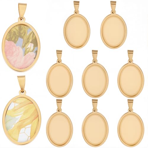 1 Box 10Pcs Oval Cabochon Blanks Gold Pendant Trays 304 Stainless Steel 18 x 25mm Photo Cameo Resin Blank Cabochons Bezel Base Settings for Jewelry Making Earrings Bracelet Necklace DIY Craft - style: gold oval