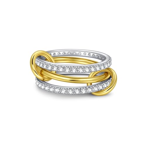 TLY Stackable Gold Rings for Women Interlocking Ring Stack Set non tarnish | 18K Gold Silver Plated Mixed Metal Statement Rings Waterproof Cubic Zirconia Fashion Connected Band Thumb Ring Size 4-11 - color: 05.Juno set