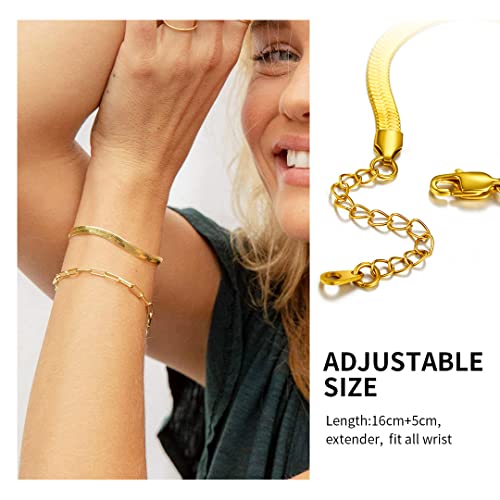 ChainsHouse Stainless Steel Herringbone Flat Chain Bracelets for Women,18K Gold/Rose Gold/Black Metal Paperclip/Snake/Cuban/Figaro Sterling Silver Link Charm Bracelet, 16+5cm Adjustable, With Gift Box - color: f. herringbone-gold-6mm