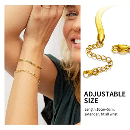 ChainsHouse Stainless Steel Herringbone Flat Chain Bracelets for Women,18K Gold/Rose Gold/Black Metal Paperclip/Snake/Cuban/Figaro Sterling Silver Link Charm Bracelet, 16+5cm Adjustable, With Gift Box - color: f. herringbone-gold-6mm