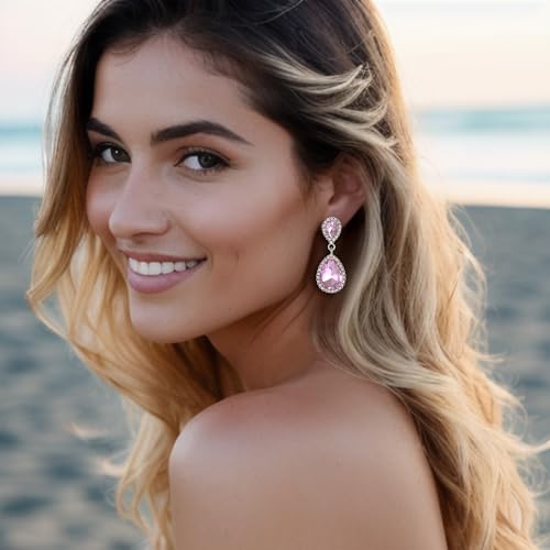 EVER FAITH Women's Austrian Crystal Wedding Tear Drop Dangle Earrings | Bridal Prom Jewelry for Bride Bridesmaid - color: Pink Silver-Plated-Base