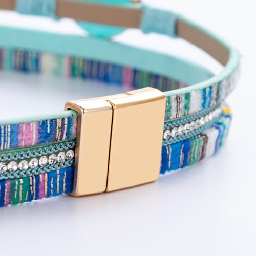 Boho Chunky Leather Wrap Bracelets Stackable Beaded Western Country Jewelry | Crystal Bead Trendy Layered Cuff Magnetic Clasp Stack Bohemian Statement Costume Outfits Cowgirl Fashion Hippie Accessories - color: Boho Blue, size: 14.7"