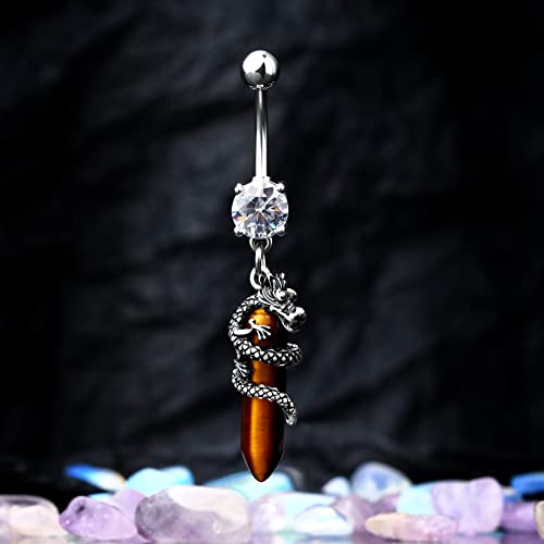 Halloween Belly Button Ring 14G Dragon Dangle Belly Ring Burn Silver Navel Piercing Jewelry Purple Belly Button Piercing - color: Tiger-Eye