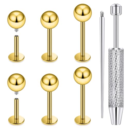Internally Threaded Labret Studs 18G 16G 14G Surgical Steel Lip Piercing Jewelry with Claw Tool Monroe Snake Bite Jewelry Flat Back Barbell for Women Men Plus Piercing Ball Grabber Tool - color: goldtone, size: 14g,ball end