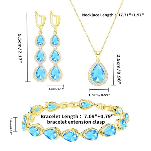 LMXXVJ Necklace Long Earrings Bracelet Set, White Gold Plated Created Blue Sapphire Jewelry Set Wedding Party Gift Jewelry for Women Bridal Bridesmaid - color: Gold-Sky Blue