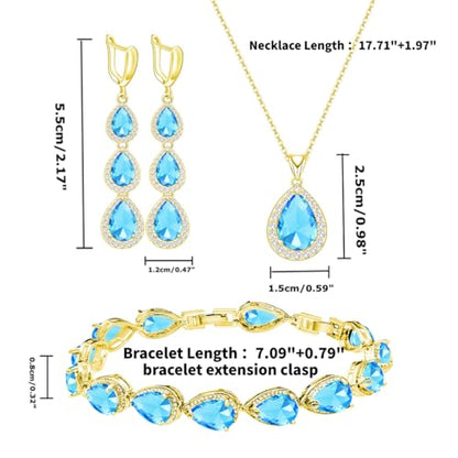 LMXXVJ Necklace Long Earrings Bracelet Set, White Gold Plated Created Blue Sapphire Jewelry Set Wedding Party Gift Jewelry for Women Bridal Bridesmaid - color: Gold-Sky Blue