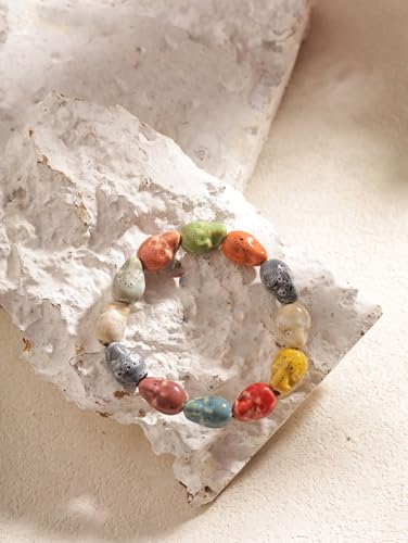 Boho Hippie Colorful Ceramic Beads Strand Stretch Bracelet, Bohemian Summer Beach Jewelry Gift for Women - color: S07