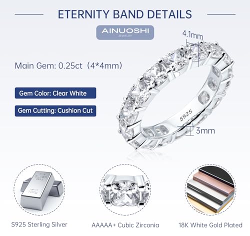 AINUOSHI Eternity Ring, 925 Sterling Silver Engagement Promise Ring for Women,Emerald Oval Radiant Round Cushion Cut Cubic Zirconia CZ Fine Ring,Stackable Full Eternity Wedding Band - color: Cushion Cut