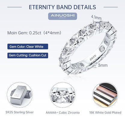 AINUOSHI Eternity Ring, 925 Sterling Silver Engagement Promise Ring for Women,Emerald Oval Radiant Round Cushion Cut Cubic Zirconia CZ Fine Ring,Stackable Full Eternity Wedding Band - color: Cushion Cut