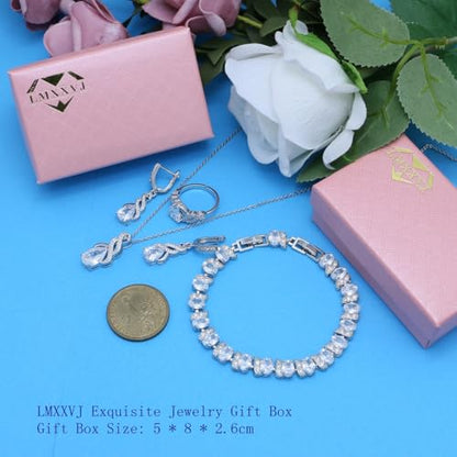 LMXXVJ Jewelry Set for Women,Teardrop Cubic Zirconia Necklace Earrings Adjustable Ring Bracelet Jewelry Set Formal Jewelry Gift - color: MHSD-White Gold-White