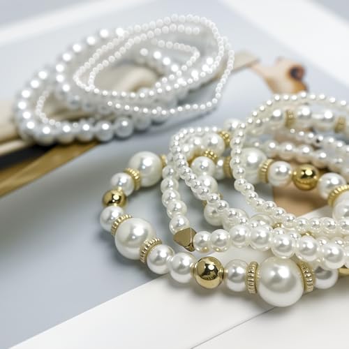 Pearls Bracelets for Women Simulated White Pearl Beaded Bracelet Stack Stackable Stretch Pearl Jewelry Set Multilayered Elastic Gold Pearls Bracelet Set for Prom Party Christmas Gift - style: 10G