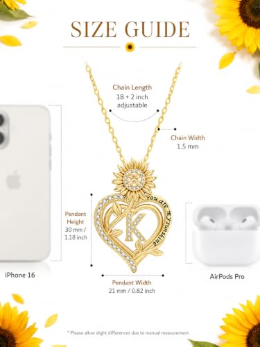 14K Gold Sunflower Initial Necklaces for Women | Heart Letter Pendant You Are My Sunshine Jewelry Gifts - style: K