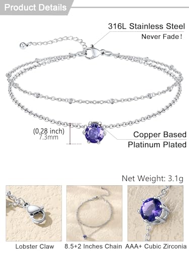 U7 Silver Ankle Bracelet for Women, Waterproof Layered Ankle Round Gem Birthstone Anklets, Summer Beach Foot Jewelry, Adjustable 8.5"-10.5" - color: 02.February-Amethyst Purple