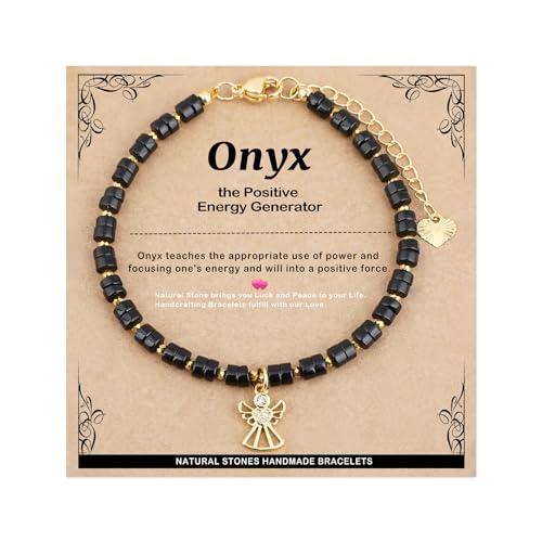 Natural Gemstone Healing Crystal Dainty Charms Bracelet Adjustable Chain Extender Minimalist Jewelry - color: Black Onyx + Angel