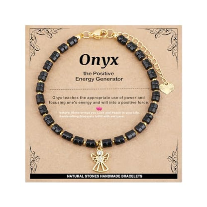 Natural Gemstone Healing Crystal Dainty Charms Bracelet Adjustable Chain Extender Minimalist Jewelry - color: Black Onyx + Angel