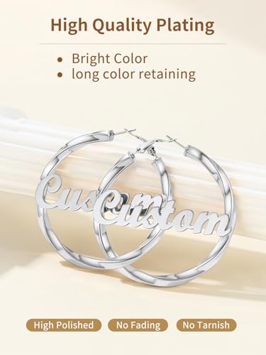 FindChic Twisted Hoop Earrings for Women, Silver/Black/14K Gold Plated Hypoallergenic Hollow Tube Rounded Loop Earrings, 30mm/40mm/60mm/80mm Hoops with Custom Name Options and Gift Box - color: e.Silver (Custom Name), size: 60MM
