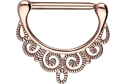 PIERCINGLINE 14G Surgical steel nipple piercing oriental design nipple jewelry barbell 1 PC - color: Rosegold, size: 14 mm bar length